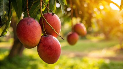 Mango tree in garden, Mangoes tree in natural warm sunlight background