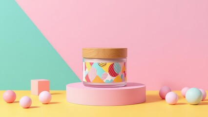 Modern skincare product mockup with wooden lid and bright pastel design