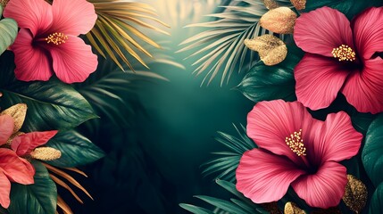 Vibrant tropical hibiscus flowers with lush green palm leaves in natural background