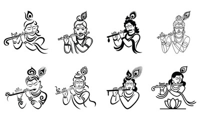 Set of eight black and white illustrations of Lord Krishna playing flute hindu god