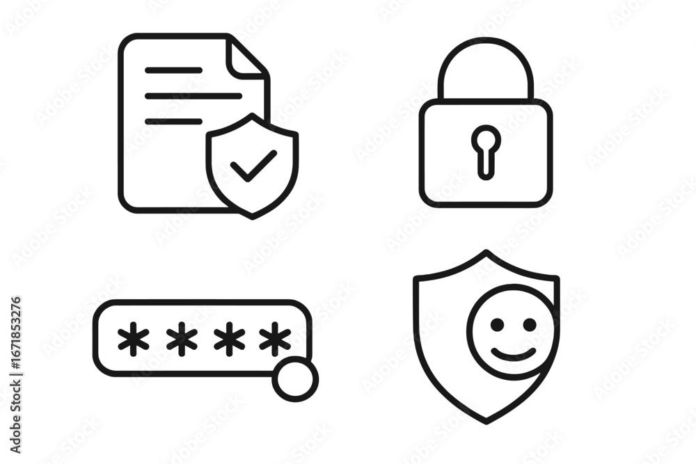 Poster security and privacy icon set. data protection, confidential information and cyber safety outline sy