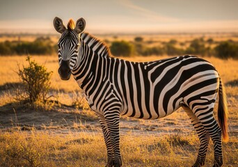 Obraz premium Zebra Standing in a Golden African Savanna at Sunset