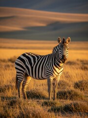 Naklejka premium Zebra Standing in a Golden African Savanna at Sunset