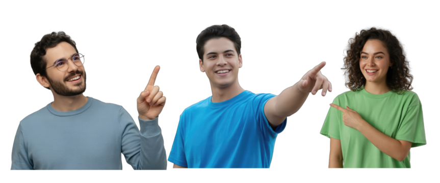 Three people pointing in different directions with smiles isolated on white transparent background png jpg business people clipping path cutout 2025 2026 4k full hd poster banner label download