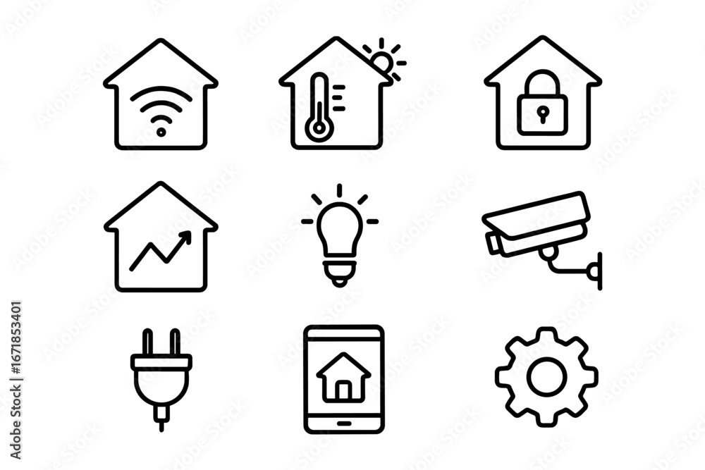 Poster smart home control outline icon set. home automation system with wireless technology for energy, sec