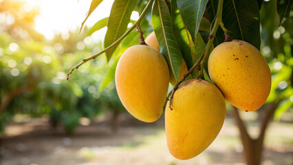 Mangoes on tree branch in garden, Yellow Mango on tree in natural warm sunlight background