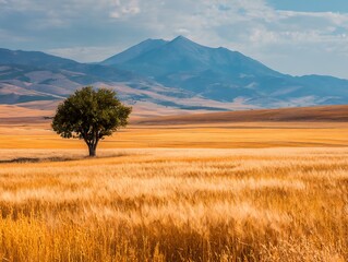 Fototapeta premium single tree standing in golden wheat field with mountainous background 