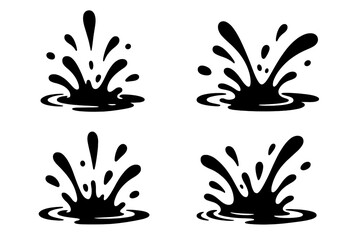 Water splash silhouette set. Black liquid drops and puddle icons. Vector illustration of dynamic fluid spray and ripple effect. Cartoon dripping, flowing ink, or paint shapes.