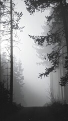 Misty Forest Path Through Tall Spruce and Pine Trees in Black and White Landscape