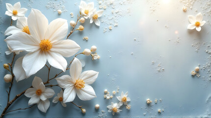 White Magnolia Flowers on Light Blue Background with Powdered Sugar and Berries