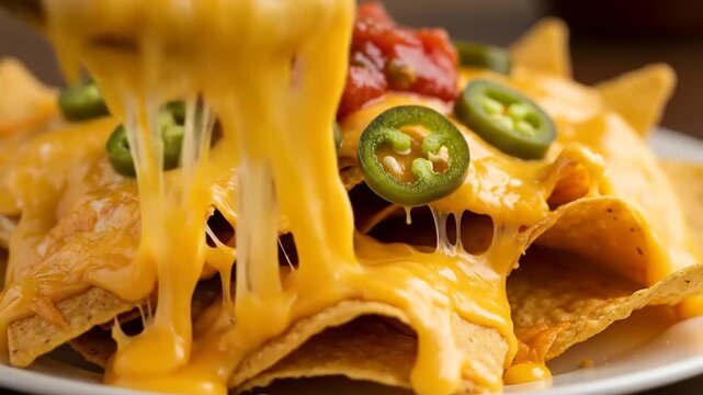 Cheesy nachos topped with jalape?os and tomatoes being served on a white plate, perfect for sharing