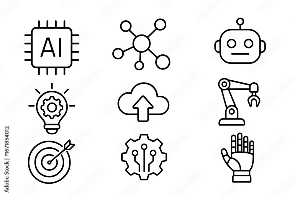 Poster technology and innovation line icon set. ai, robotics, automation, and future tech concepts. vector 