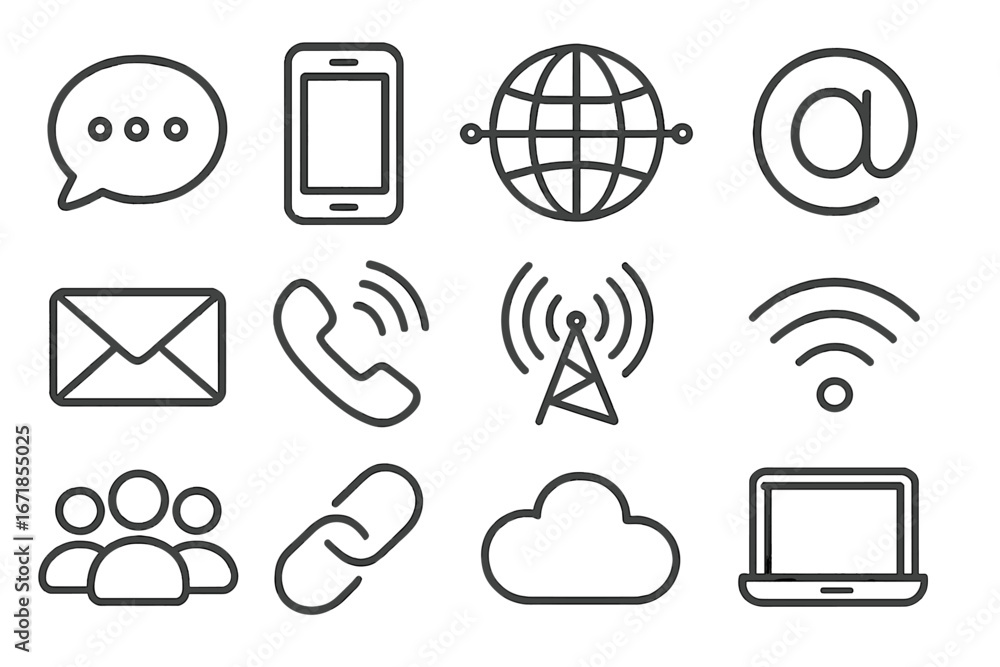 Poster communication technology line icon set. vector symbols for internet and mobile apps. concepts includ