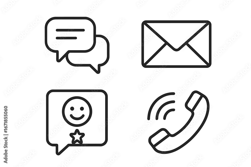 Poster communication and contact methods icon set. vector linear icons for chat, email, phone call, and cus