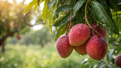 Ripe Mango hanging on tree with water drop in garden, Mangoes on tree in natural background