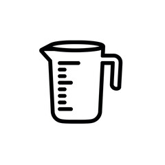 Illustration of a measuring cup with handle and measurement lines in black and white outline style