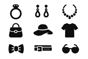 Fashion accessories solid icon set. Jewelry, clothing, and apparel glyph collection. Vector silhouette symbols for ring, necklace, handbag, hat, t-shirt, belt, and sunglasses.