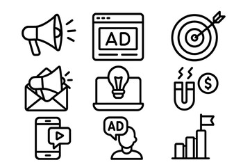 Marketing and promotion outline icon set. Digital advertising campaign symbols. Business strategy, target audience, lead generation, video marketing, email marketing concepts.