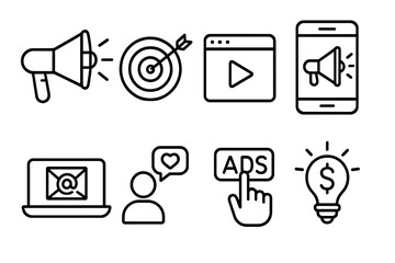 Digital marketing and advertising outline icon set. Promotion campaign symbols collection. Social media, email marketing, video content, ad targeting and PPC concept icons.