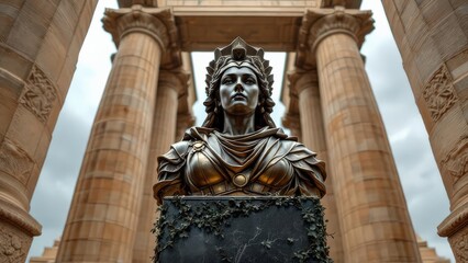 Obraz premium Ancient Sculpture of a Regal Queen Against a Backdrop of Majestic Columns and Cloudy Skies