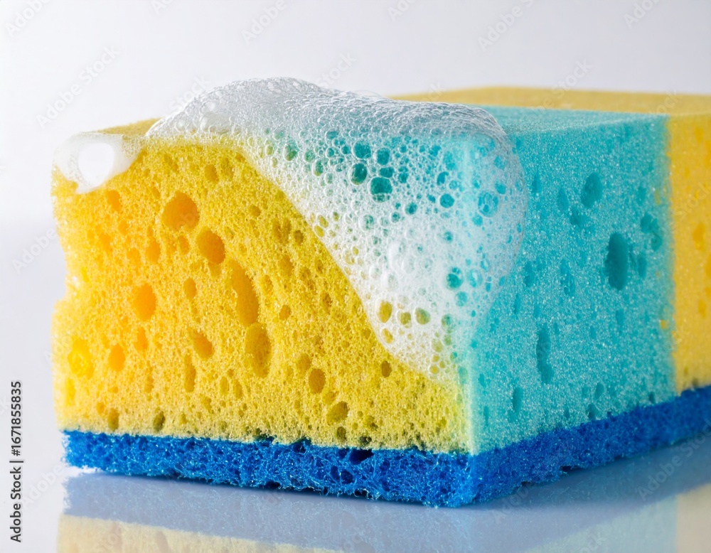 Poster close up of a multicolored sponge with white bubbles on a glossy surface