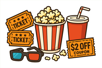 Movie night icon set with popcorn, soda, tickets, and 3D glasses. Cinema essentials for entertainment. Vector illustration of film snacks and discount coupon for promotion.