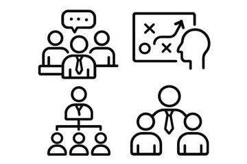 Leadership business line icon set. Meeting, strategy, organization icons. Vector collection. Management, teamwork, planning, hierarchy, communication. Corporate pictogram.