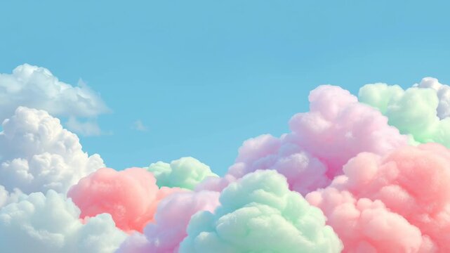 In the blue sky, there is one white cloud and three pink clouds in different sizes on both sides of it. The background color has elements of pastel colors, reminiscent of cotton candy. 