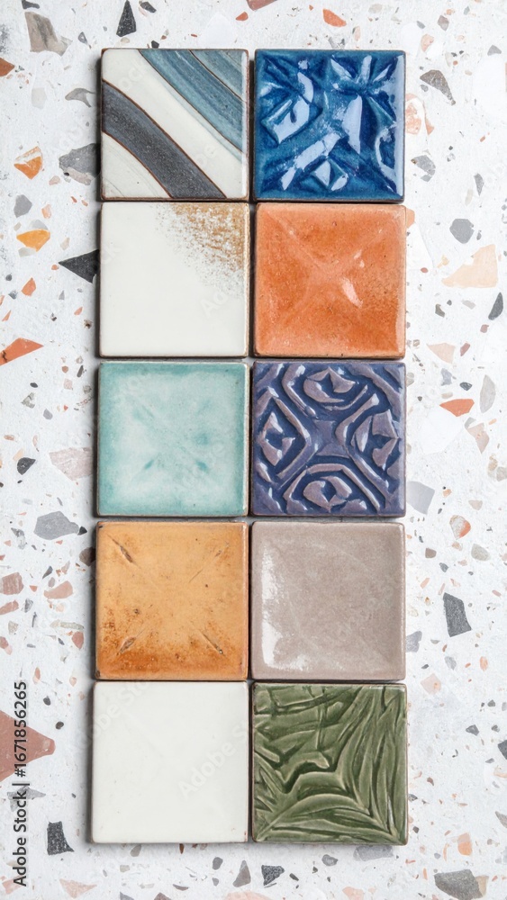 Poster collection of square ceramic tiles with decorative glazes and unique patterns on speckled background