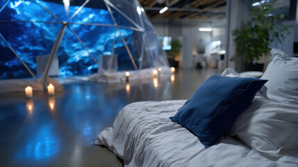 A tranquil relaxation area styled with an oceanic theme, featuring cozy bedding and soft lighting that invites an atmosphere of peace and introspection, perfect for rejuvenation and reflection.