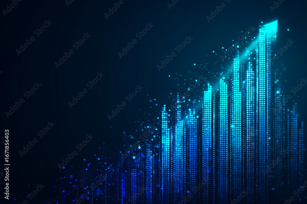 Poster abstract upward trending data visualization glowing blue dots and arrow