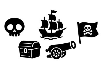 Pirate silhouette icon set. Vector cartoon graphics collection. Skull, treasure chest, ancient ship, cannon, Jolly Roger flag. Sea adventure, maritime symbols, filibuster design.