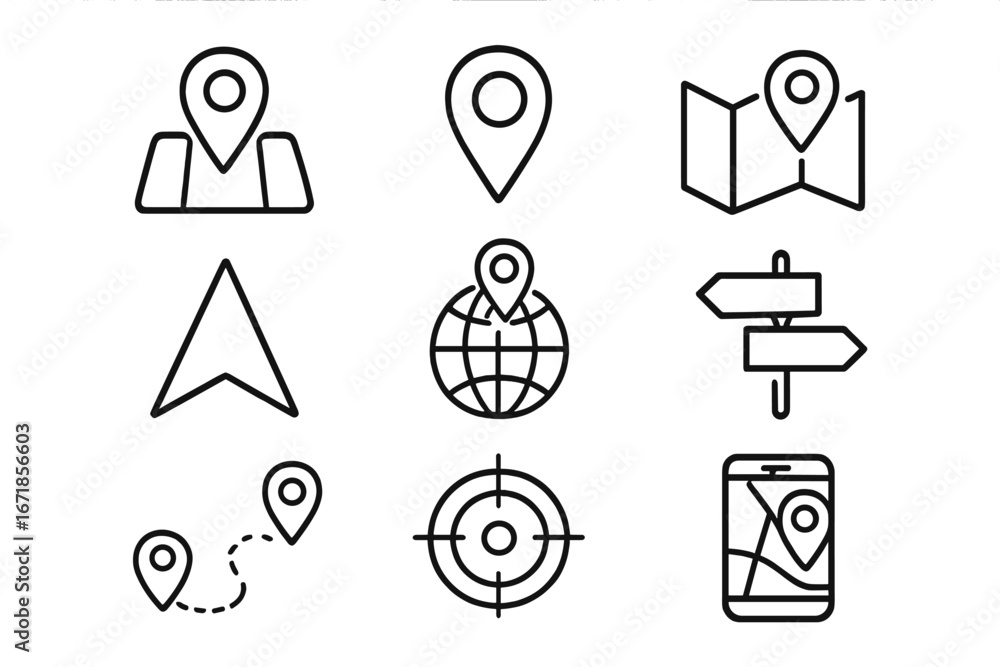 Poster navigation and location outline icon set. gps map and destination symbols in thin line style. vector