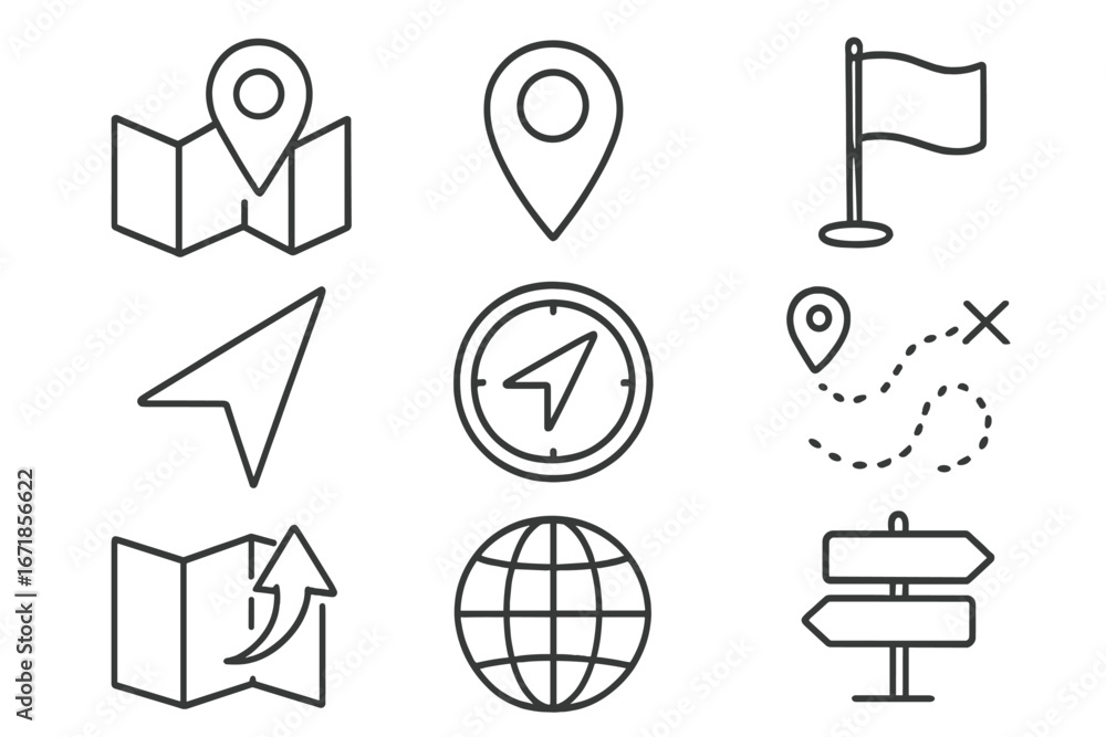 Poster navigation and location outline icon set. vector map, gps, direction, and travel symbols. line art c