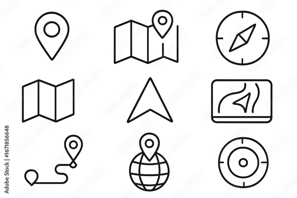 Fototapete navigation and location outline icon set. gps map and travel symbols in a line style collection. vec