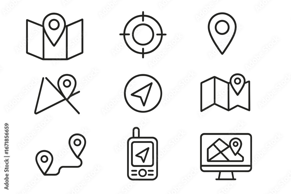 Poster navigation and location outline icon set. gps map symbols in linear style. vector illustrations for 