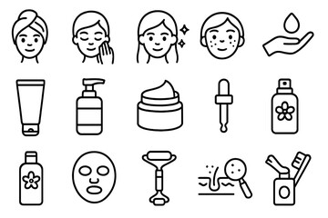 Skincare and beauty outline icon set. Cosmetics, wellness, hygiene line vector symbols. Facial treatment, dermatology, self-care routine and cosmetic product collection.