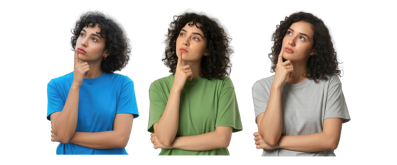 Three women with curly hair wearing blue green and grey t isolated on white transparent background png jpg business people clipping path cutout 2025 2026 4k full hd poster banner label download