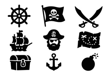Fototapeta premium Pirate silhouette icon set. Vector collection of nautical adventure symbols. Treasure map, ship, flag, anchor, chest, sword, captain. Sea rover & filibuster graphics.