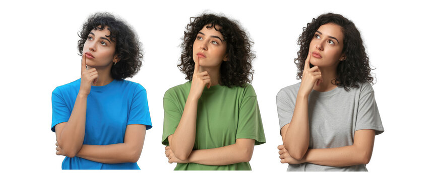 Three women with curly hair wearing blue green and grey t isolated on white transparent background png jpg business people clipping path cutout 2025 2026 4k full hd poster banner label download