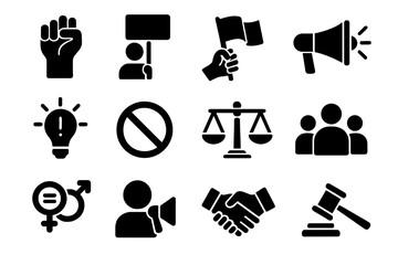 Protest and justice solid glyph icon set. Activism, equality, human rights and legal symbols collection. Raised fist, demonstration, gavel, scales and gender equality signs.