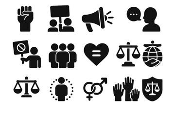 Protest and justice solid icon set. Activism, equality, and human rights glyphs. Social issues, democracy, and freedom symbols. Raised fist, scales of justice, and gender equality.