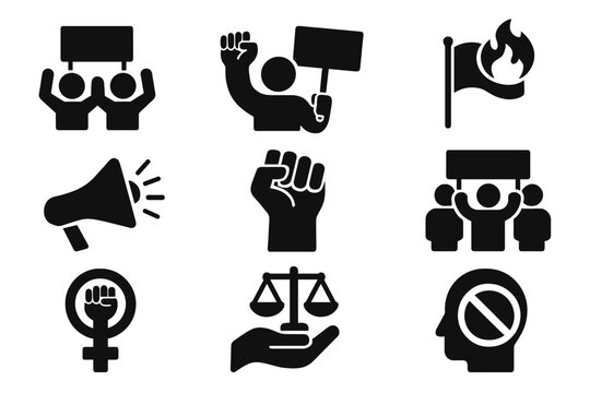 Activism and protest solid glyph icon set. Demonstration, revolution, and human rights concepts. Vector symbols for justice, feminism, equality, power, freedom, and solidarity.