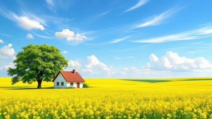 Charming Countryside Cottage Nestled Amidst a Vibrant Yellow Field Under a Bright Blue Sky