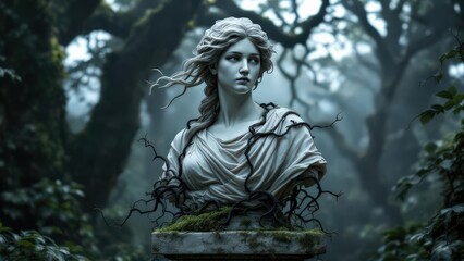 Ancient Stone Sculpture of a Woman Emerges from Enchanted Mystical Forest Undergrowth