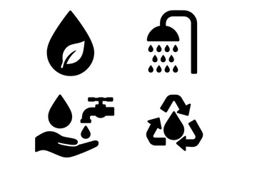Water conservation silhouette icon set with eco leaf, shower, plumbing faucet, recycling symbols, rain drops, sustainable water usage and environmental protection vector illustration