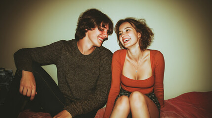 A young couple in love, styled in 1980s–1990s fashion, with red and green colors, capturing a nostalgic retro vibe