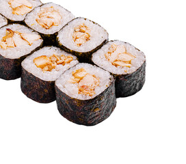 Delicious sushi rolls made with fresh ingredients served on a white background