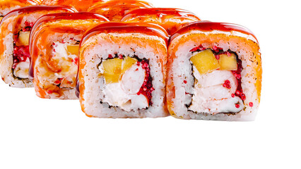 Colorful sushi rolls arranged in a line with tasty ingredients visible
