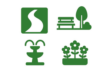Urban park icon set with green walking path, bench, water fountain, tree, and flower bed. Solid filled vector cartoon illustration of recreational city green space elements.